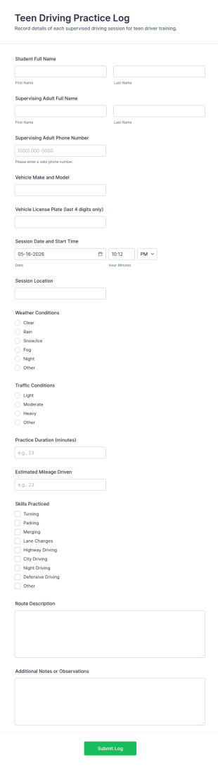 Teen Driving Practice Log Form Template