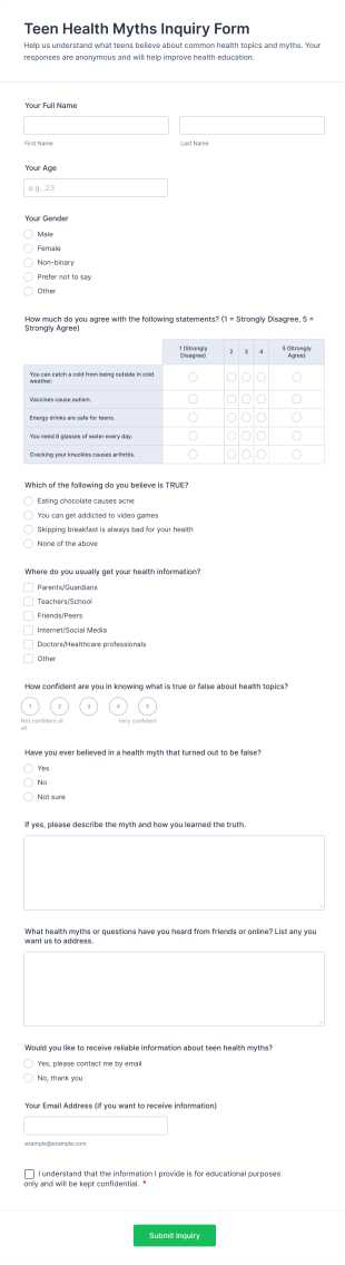 Teen Health Myths Inquiry Form Template