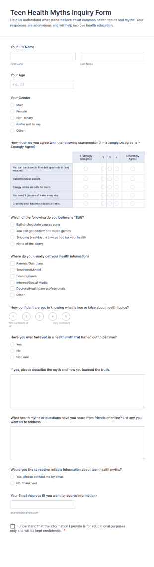 Teen Health Myths Inquiry Form Template