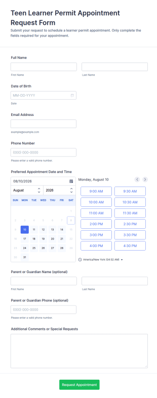 Teen Learner Permit Appointment Request Form Template