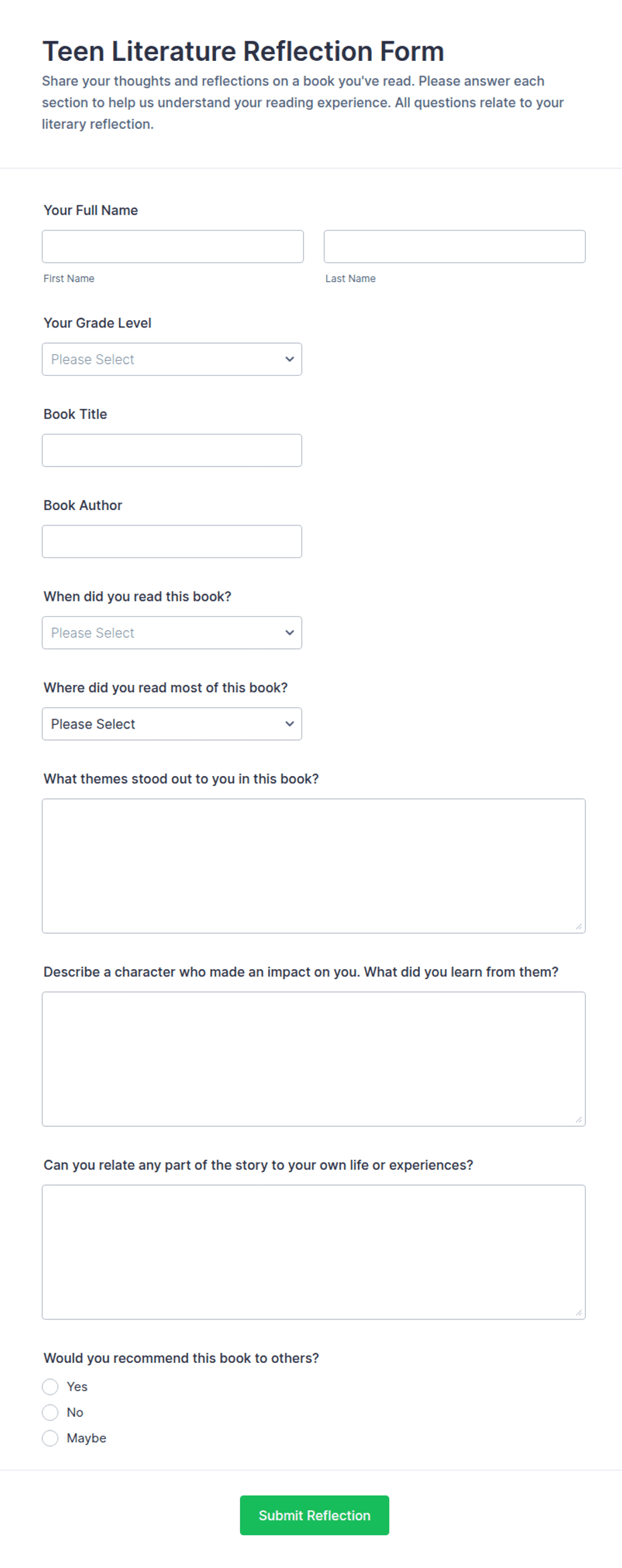 Teen Literature Reflection Form Template | Jotform