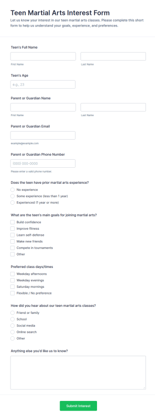 Teen Martial Arts Interest Form Template