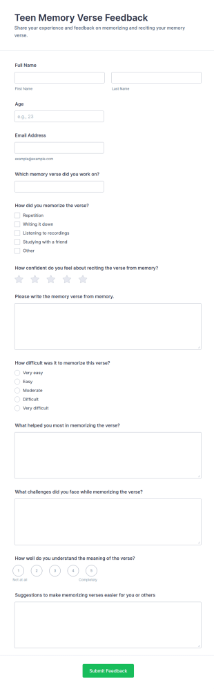 Teen Memory Verse Feedback Form Template