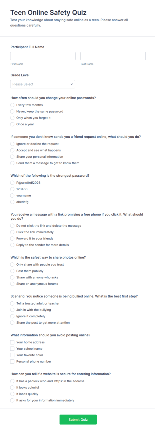 Teen Online Safety Quiz Form Template