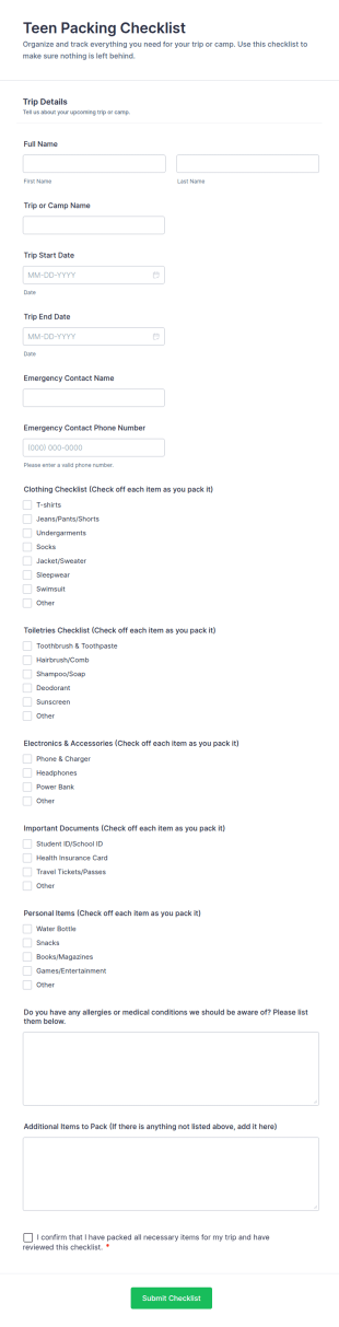 Teen Packing Checklist Form Template