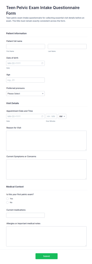 Teen Pelvic Exam Intake Questionnaire Form Template