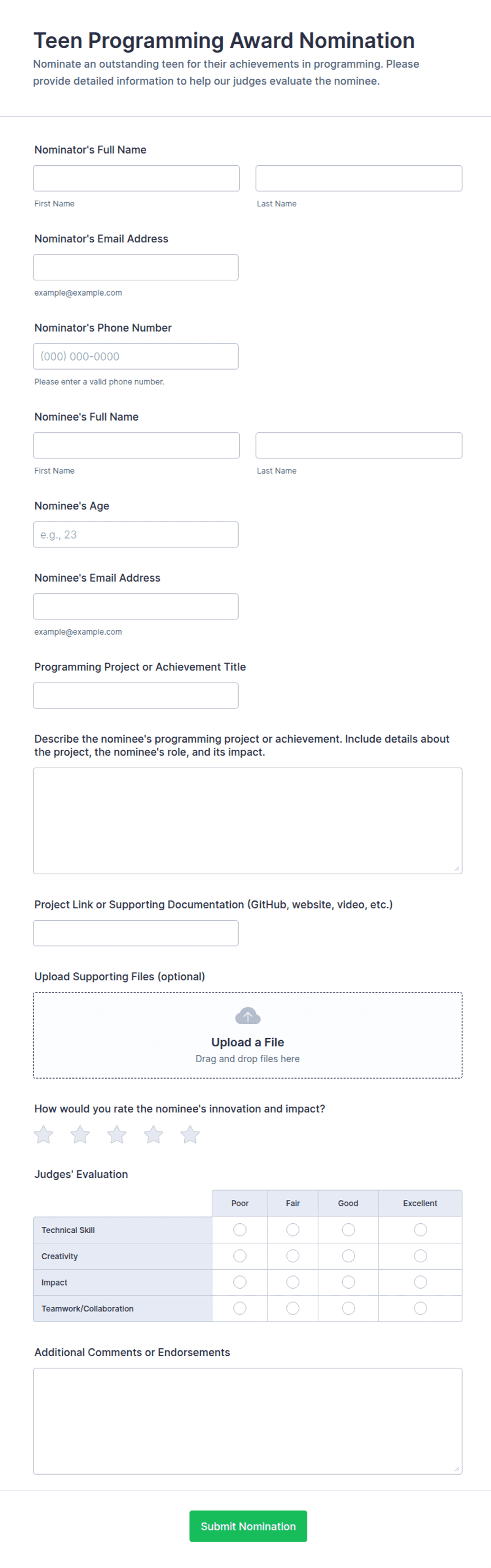 Teen Programming Award Nomination Form Template | Jotform