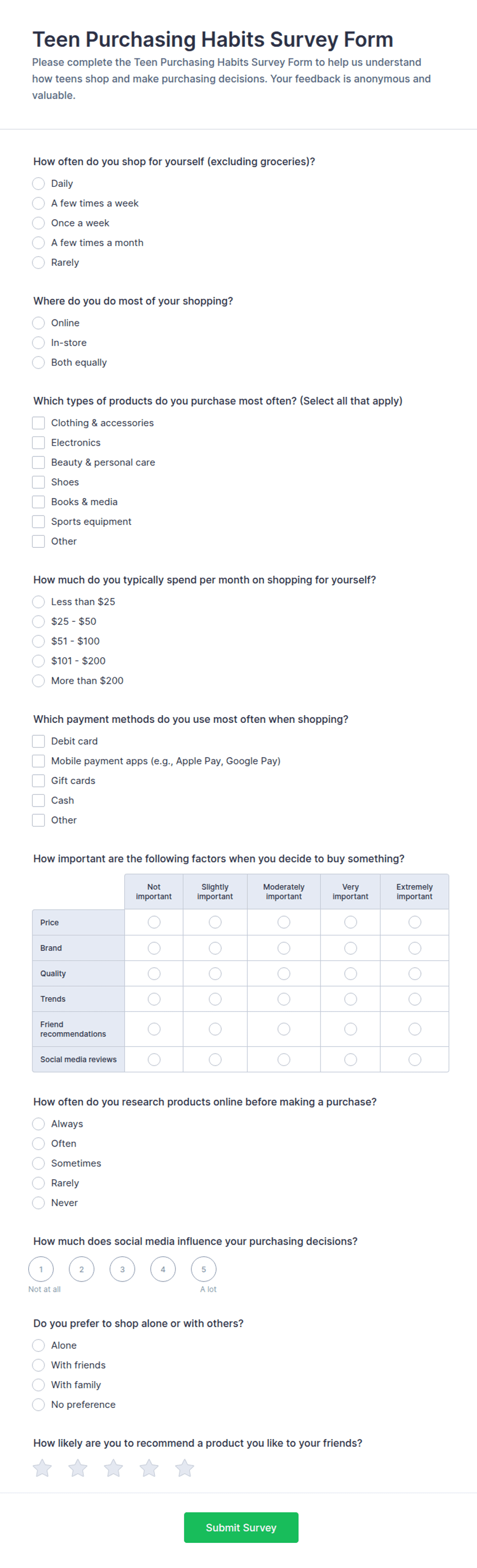 Teen Purchasing Habits Survey Form Template | Jotform