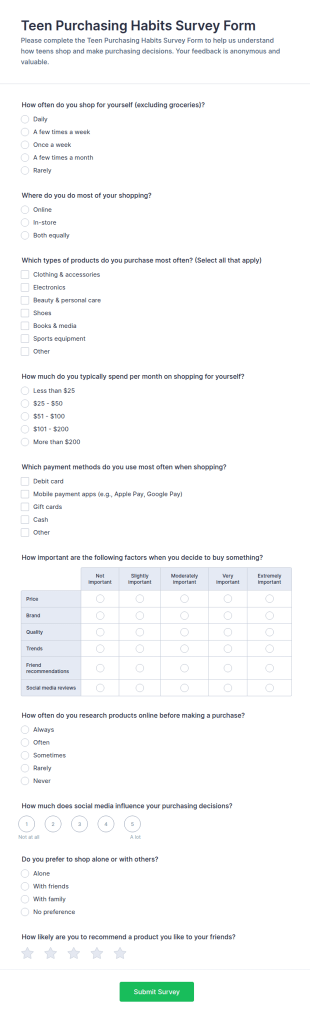 Teen Purchasing Habits Survey Form Template