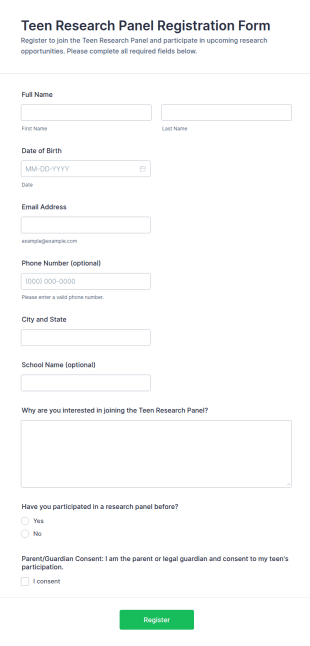 Teen Research Panel Registration Form Template