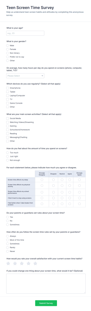 Teen Screen Time Survey Form Template