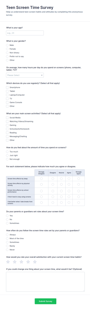 Teen Screen Time Survey Form Template