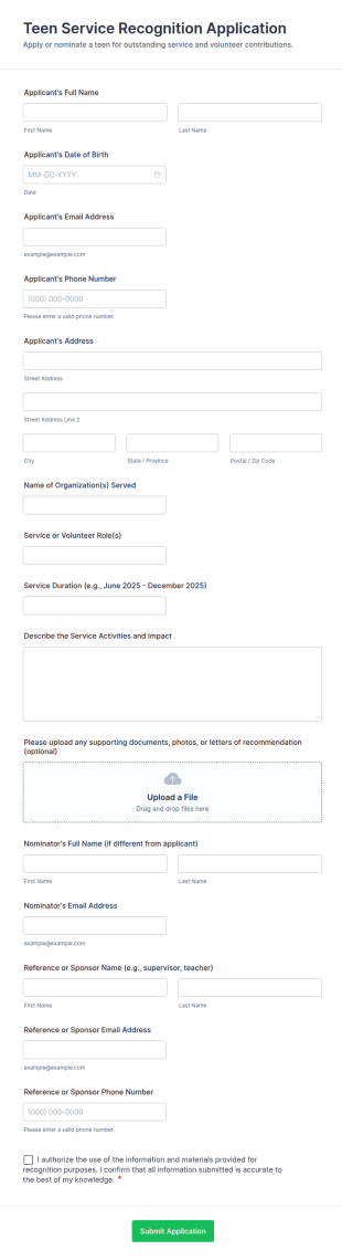 Teen Service Recognition Application Form Template