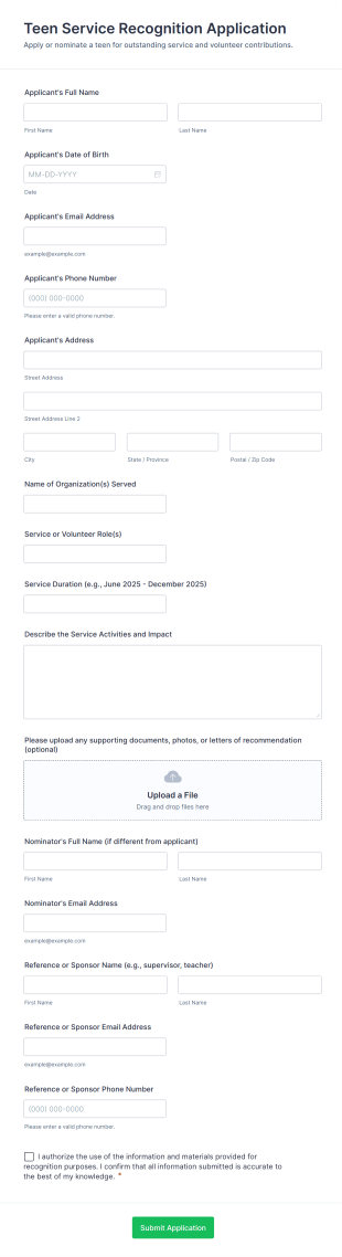 Teen Service Recognition Application Form Template