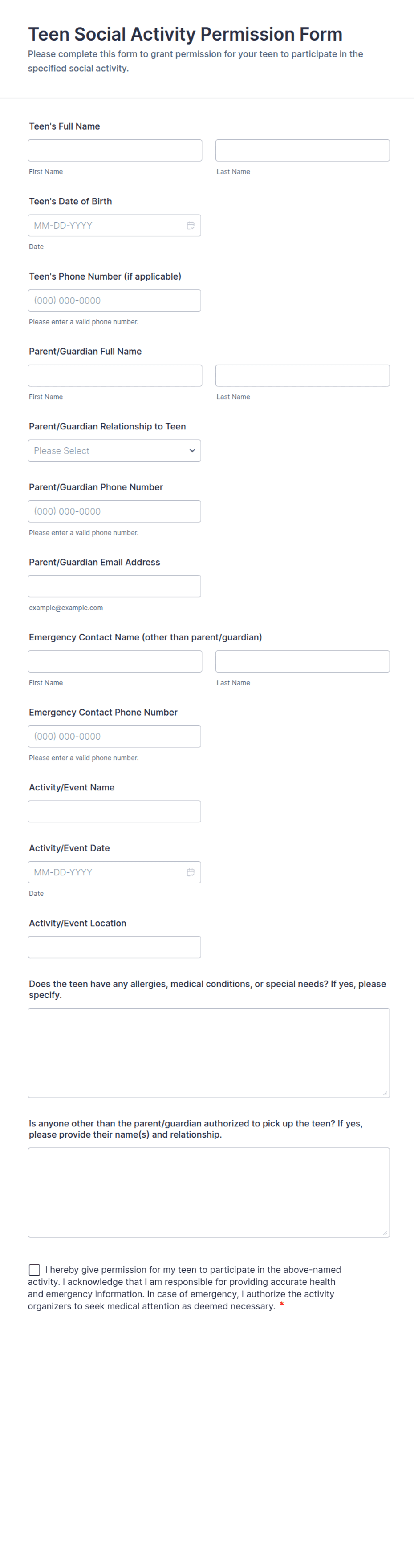 Teen Social Activity Permission Form Template | Jotform