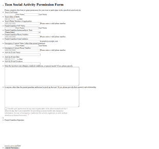 Teen Social Activity Permission Form Template