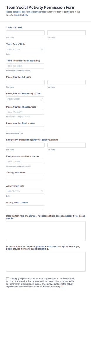 Teen Social Activity Permission Form Template