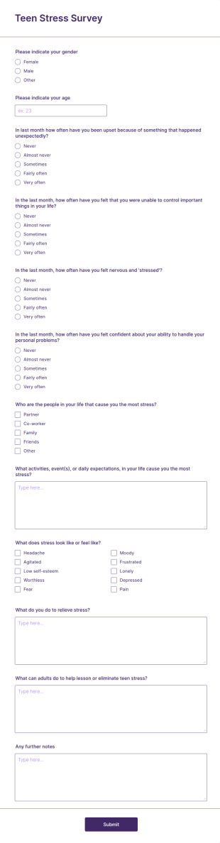 Teen Stress Survey Form Template