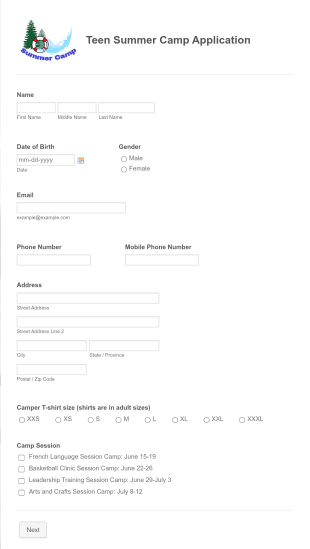 Teen Summer Camp Application Form Template