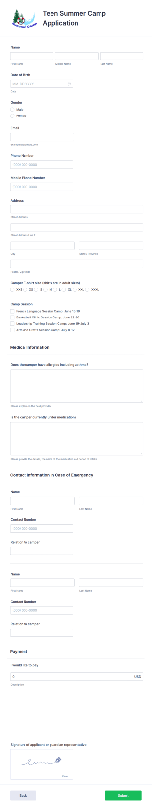Teen Summer Camp Application Form Template