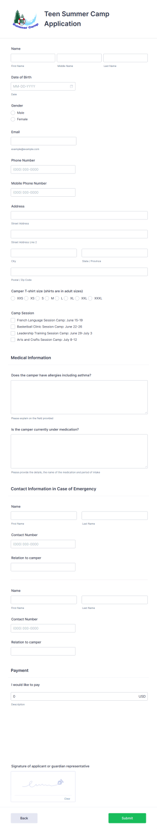 Teen Summer Camp Application Form Template