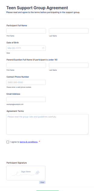Teen Support Group Agreement Form Template