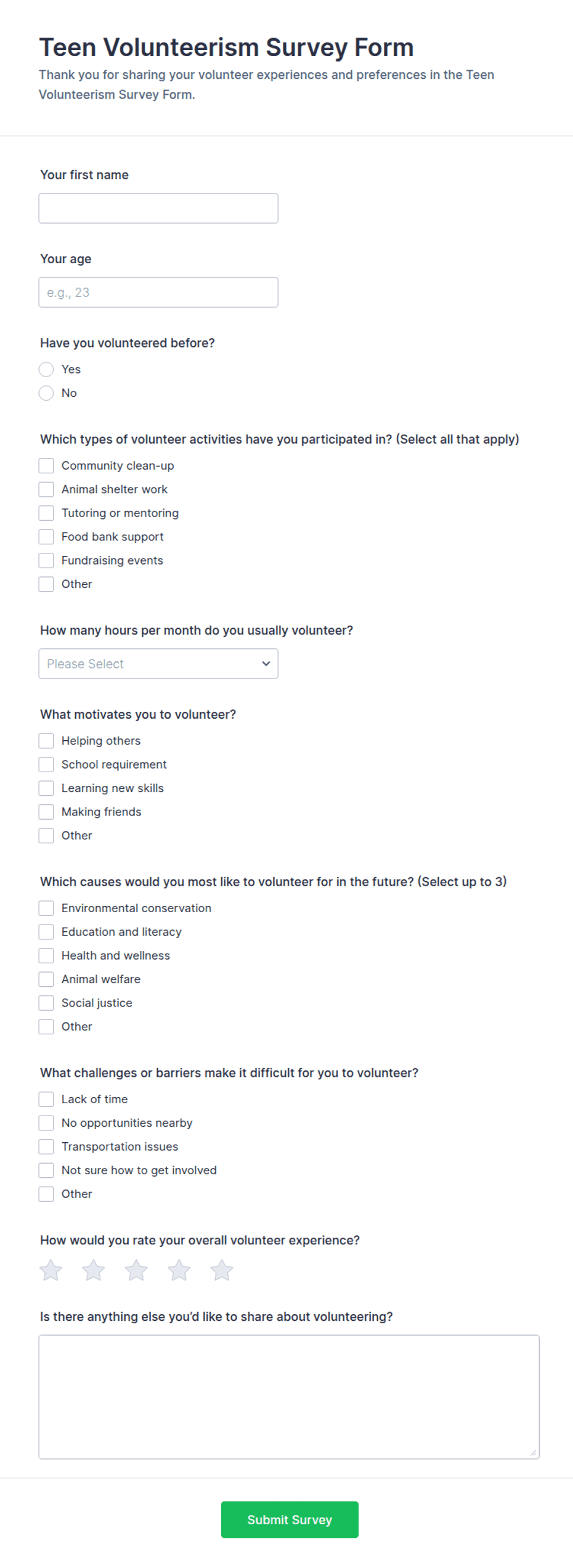 Teen Volunteerism Survey Form Template | Jotform