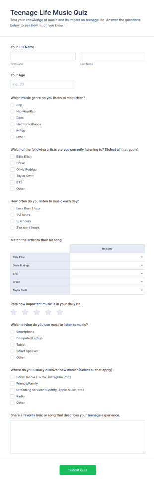 Teenage Life Music Quiz Form Template