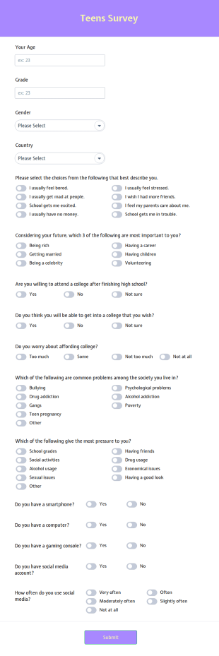 Teens Survey Form Template