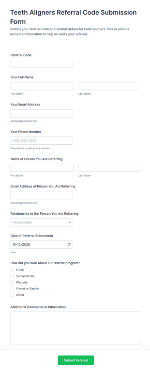 Teeth Aligners Referral Code Submission Form Template