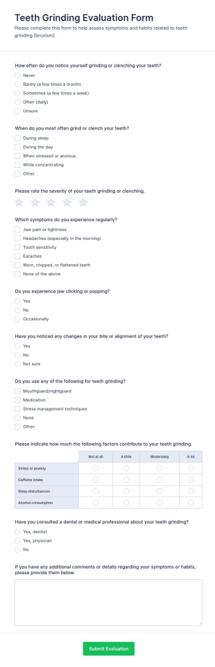 Teeth Grinding Evaluation Form Template