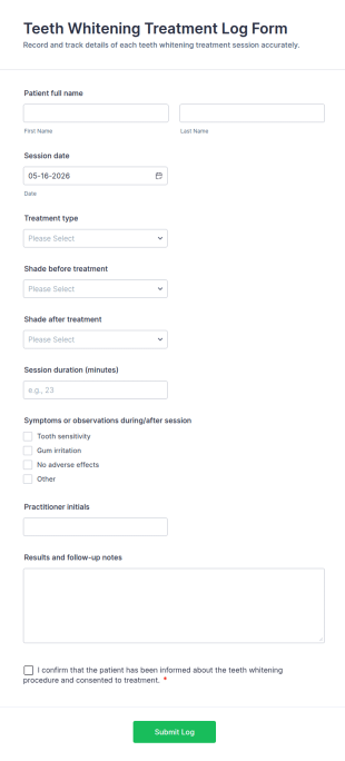 Teeth Whitening Treatment Log Form Template