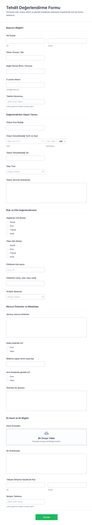 Tehdit Değerlendirme Anketi Form Şablonu