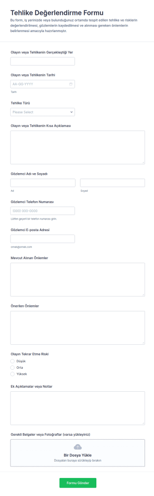 Tehlike Değerlendirme Anketi Form Şablonu