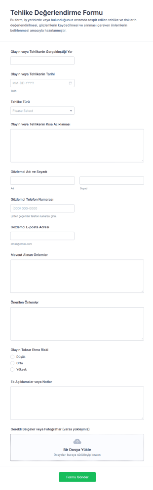 Tehlike Değerlendirme Anketi Form Şablonu