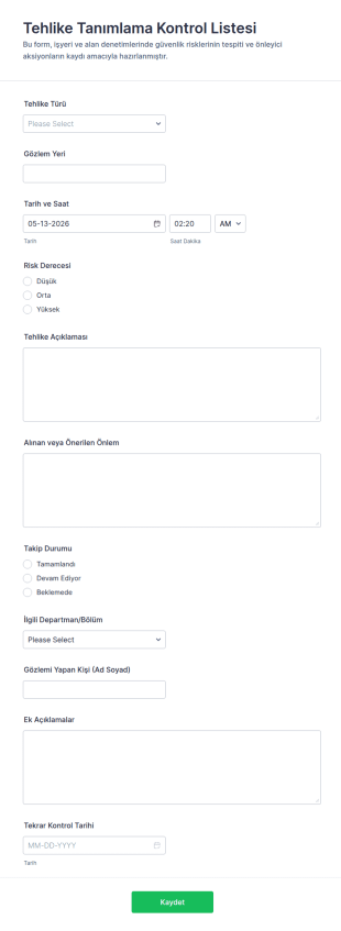 Tehlike Tanımlama Kontrol Listesi Form Şablonu
