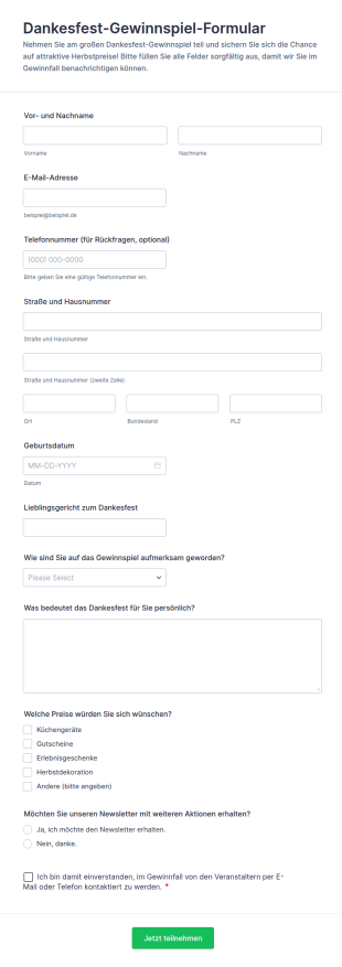 Teilnahmeformular Für Das Thanksgiving Gewinnspiel