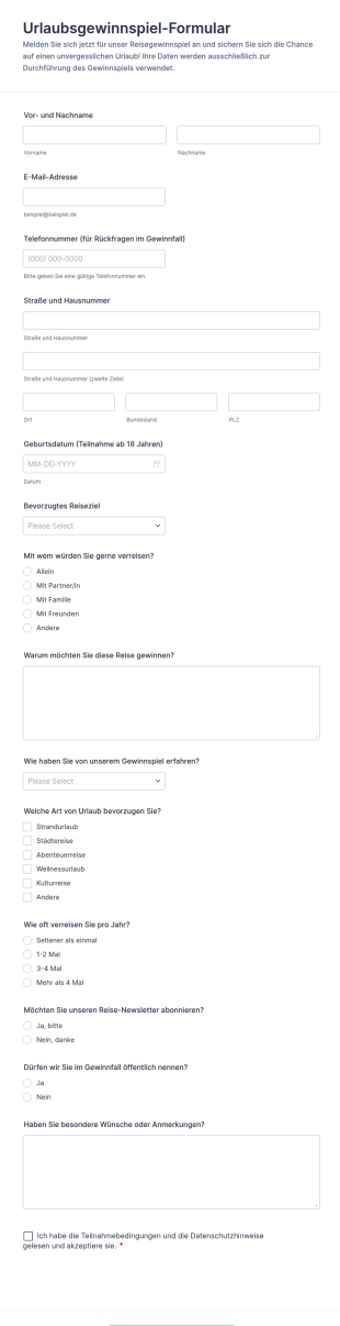 Teilnahmeformular Für Die Urlaubsverlosung