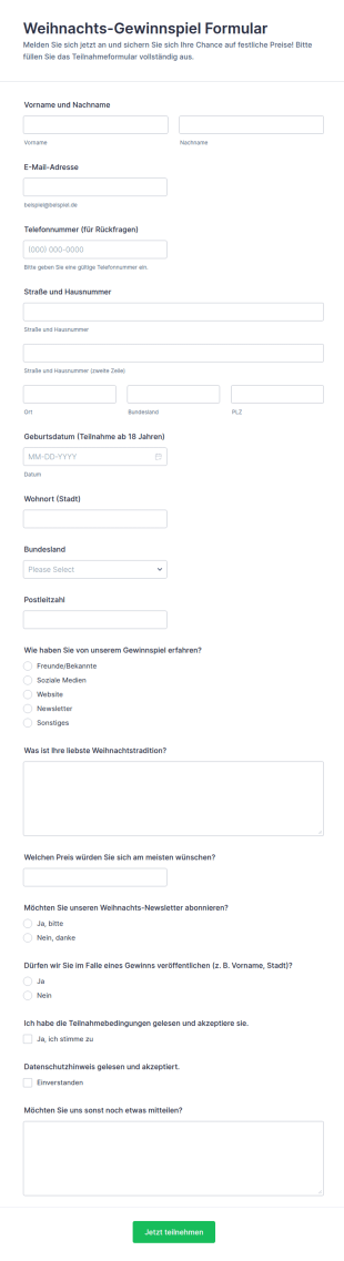 Teilnahmeformular Zum Weihnachtsgewinnspiel