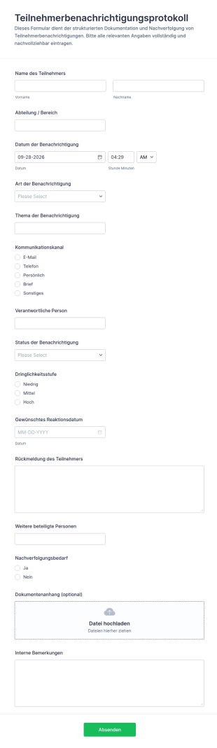 Teilnehmenden Benachrichtigungsprotokoll Formular
