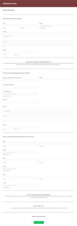 Teilnehmer Bewerbungsformular Form Template
