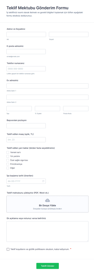 Teklif Mektubu Gönderim Form Şablonu
