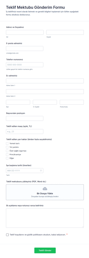 Teklif Mektubu Gönderim Form Şablonu