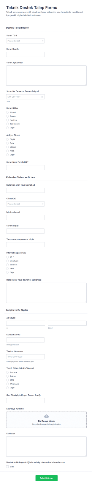 Teknik Destek Talep Form Şablonu