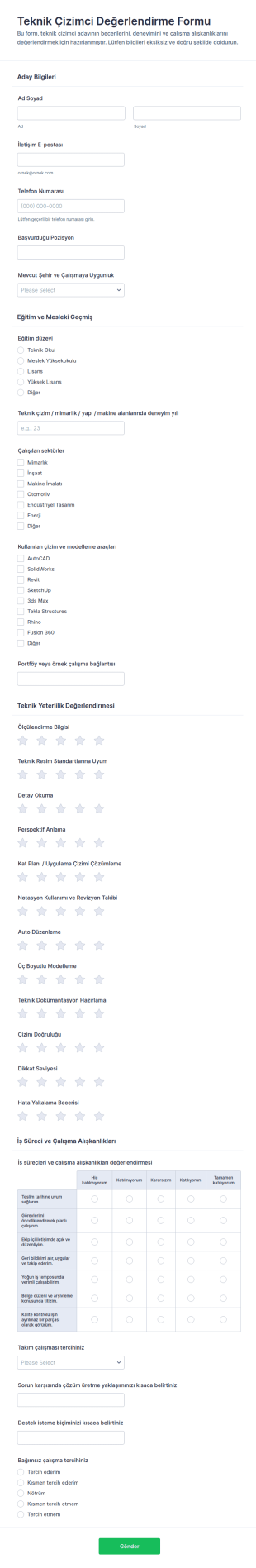 Teknik Tasarımcı Değerlendirme Form Şablonu