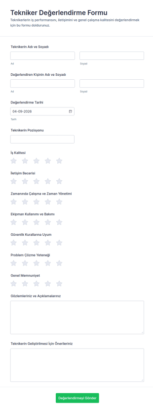 Teknisyen Değerlendirme Anketi Form Şablonu