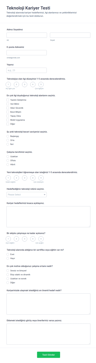 Teknoloji Kariyer Değerlendirme Anketi Form Şablonu