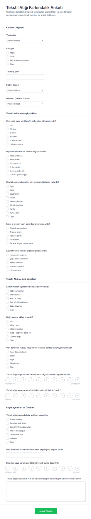 Tekstil Atık Farkındalık Anketi Form Şablonu