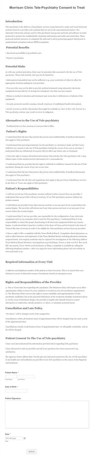 Tele Psychiatry Consent To Treat Form Template