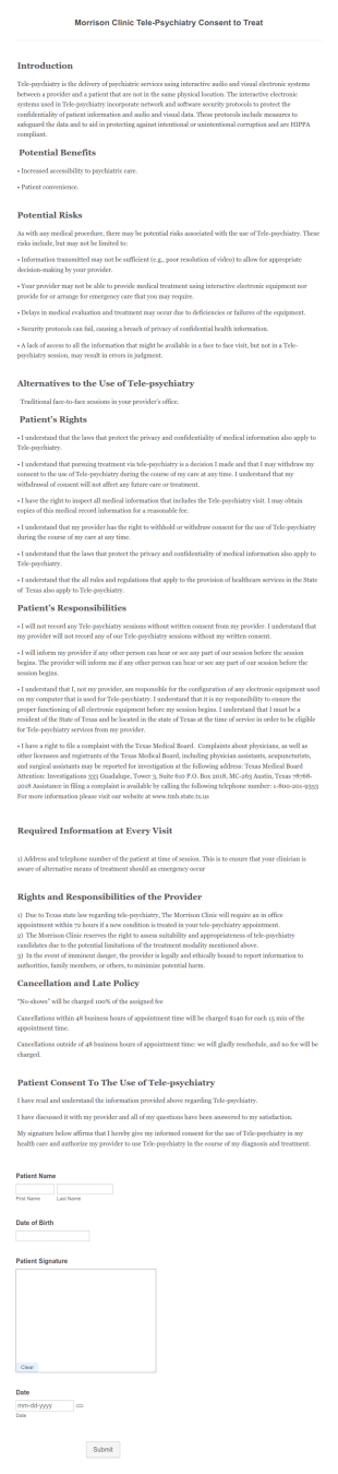 Tele Psychiatry Consent To Treat Form Template